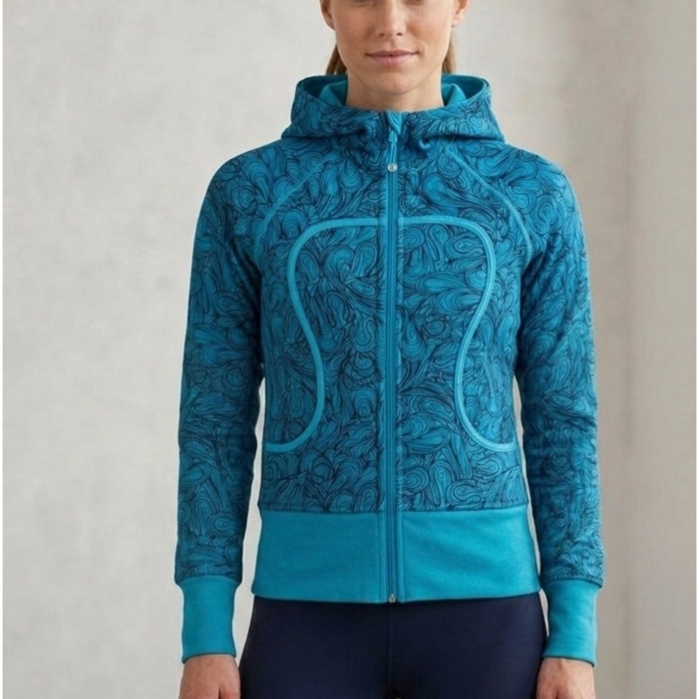 Lululemon Scuba Hoodie Full‎ Zip Blue Swirl Pattern Graphic Jacket Womens Size 6